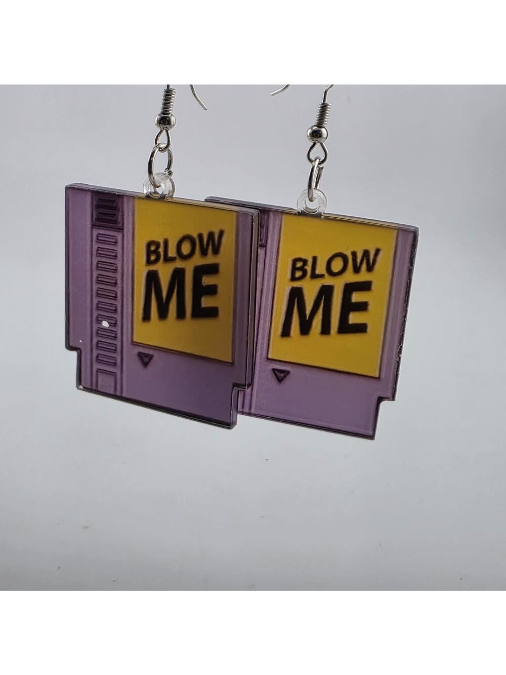 Vintage Style Purple NES Game Cartridge “Blow Me” Dangle Earrings